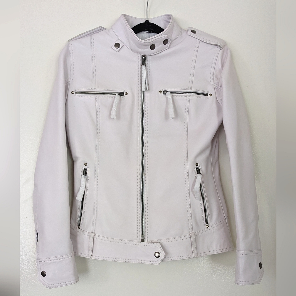 White genuine leather moto jacket